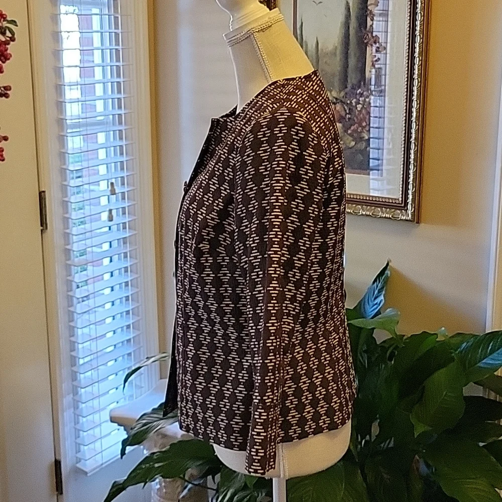Sigrid Olsen brown cream diamond print  3/4 sleeve short jacket lined sz 8 EUC …